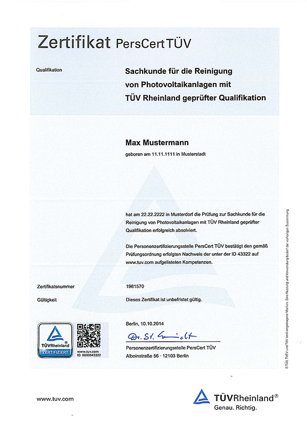 TÜV Rheinland Solarreiniger Zertifikat
